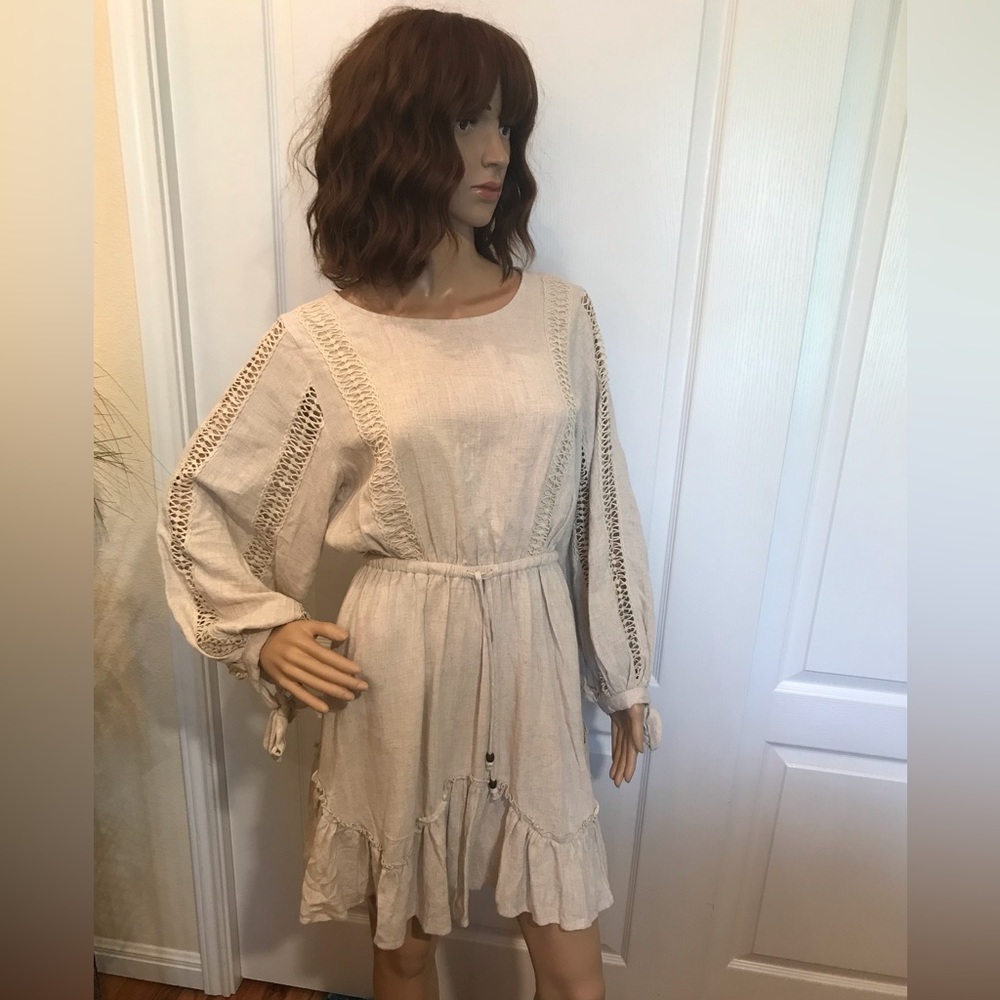 By Together Collection Tan Linen Mini Dress with Crochet Size Medium